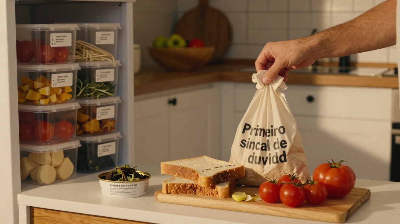 Mão segurando saco com frase, pão, tomates e potes organizadores com alimentos em cozinha.