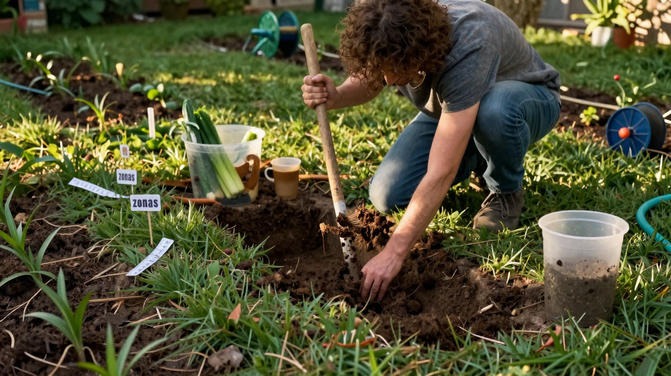 Pessoa com máscara cavando a terra em jardim, cercada por plantas e utensílios de jardinagem.