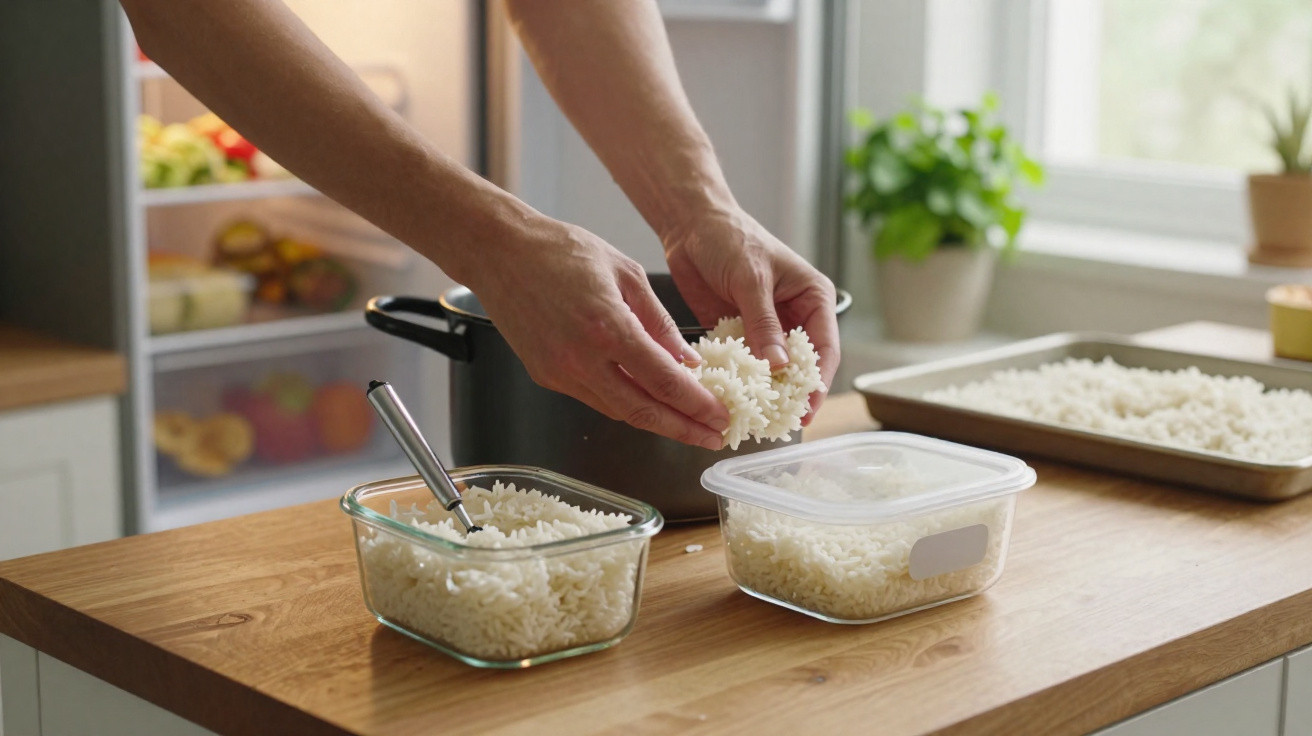Pessoa separando arroz branco cozido em potes plásticos e vidro sobre bancada de cozinha.