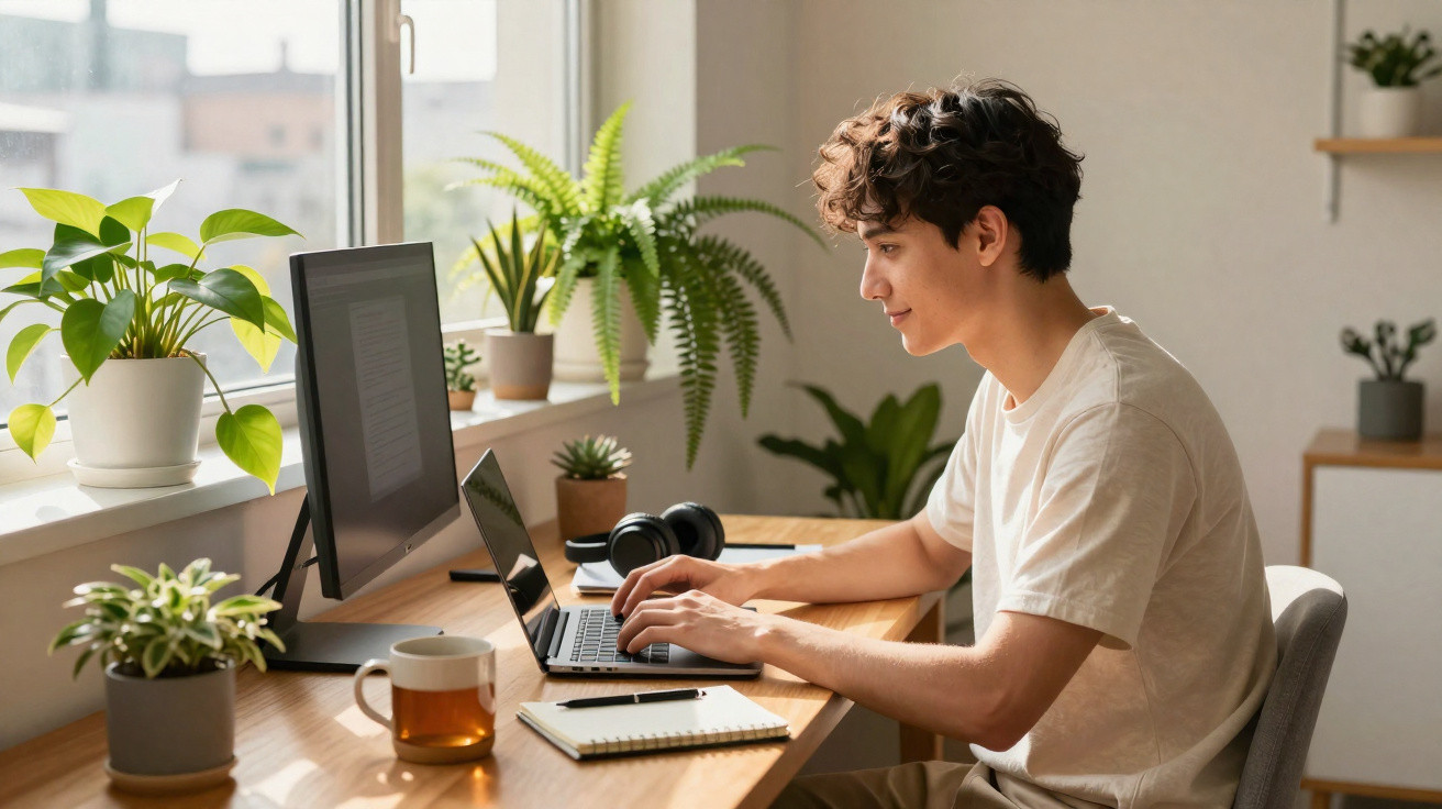 Jovem trabalhando em laptop em escritório iluminado, com plantas e xícara de chá na mesa.