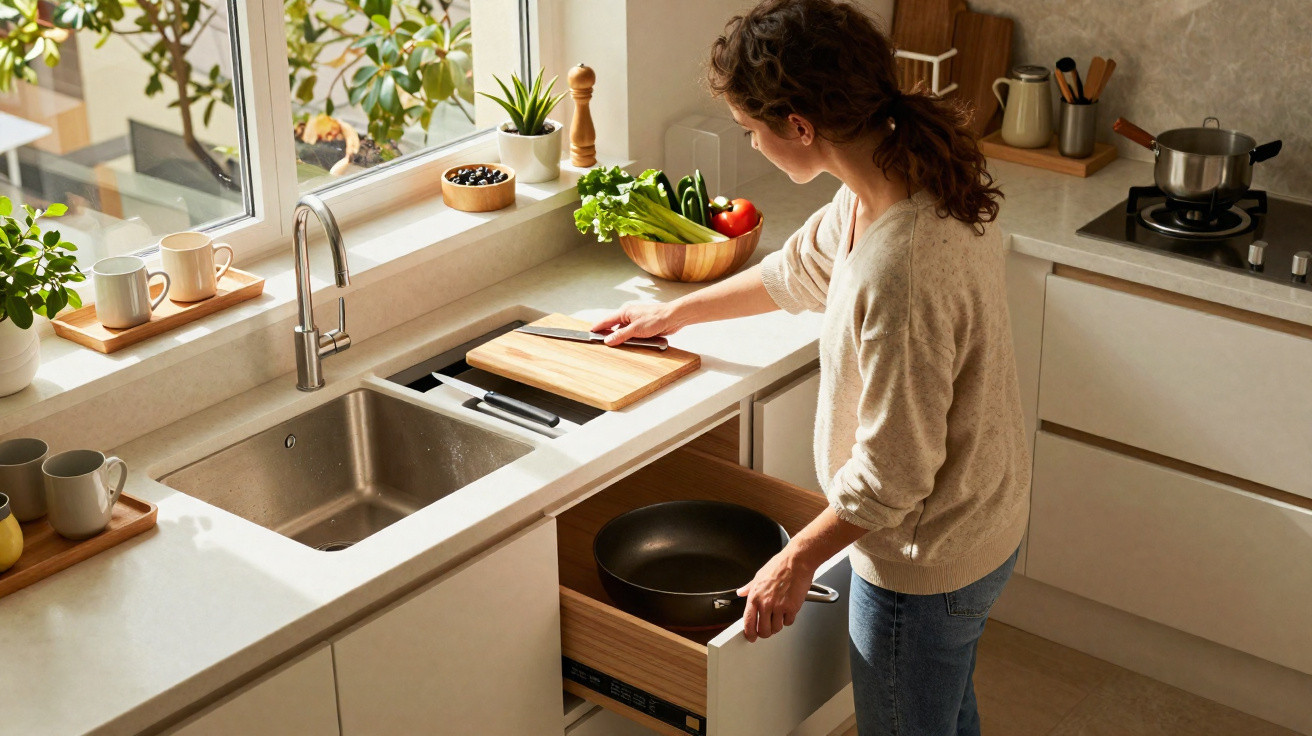 Mulher em cozinha moderna guardando frigideira em gaveta próxima à pia com utensílios e vegetais.