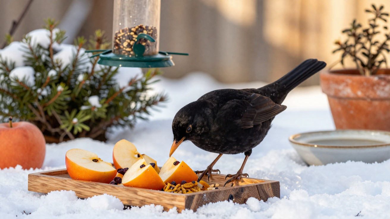 Pássaro preto com bico amarelo comendo frutas em uma tábua na neve, próximo a comedouro e plantas.