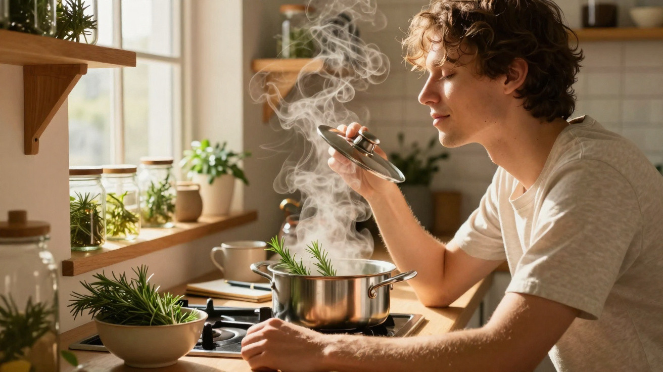Jovem senta ao lado do fogão, cheirando ervas frescas enquanto cozinha em cozinha iluminada pela luz natural.