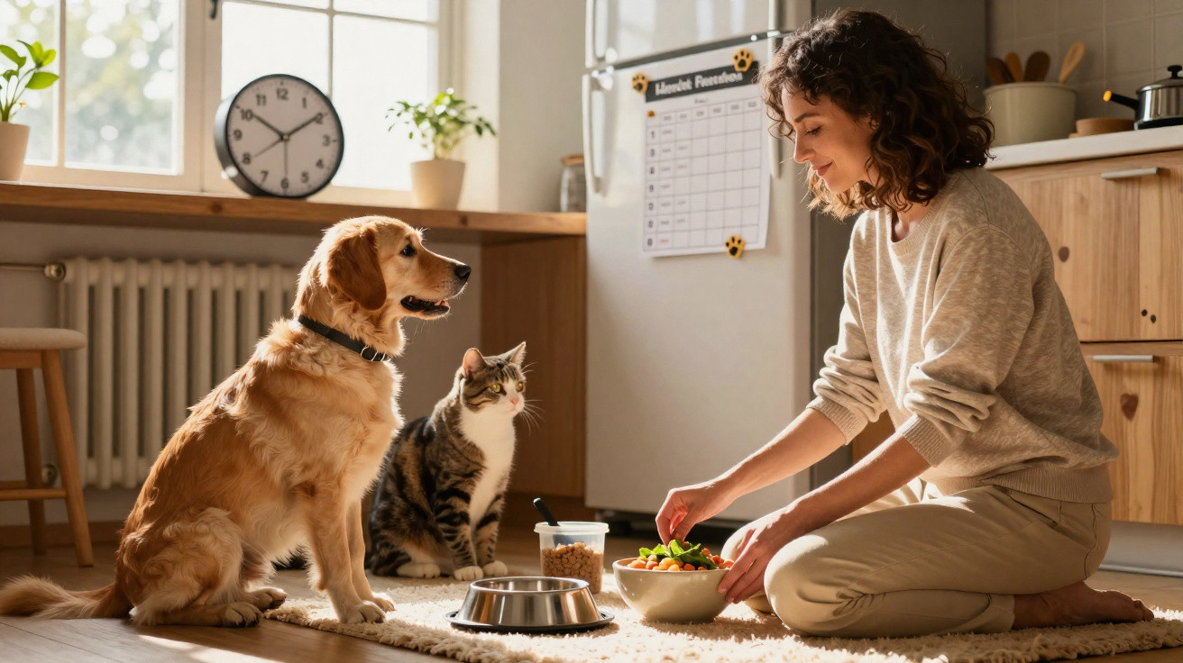 Mulher alimenta seu cachorro e gato na cozinha iluminada pela luz natural da janela.