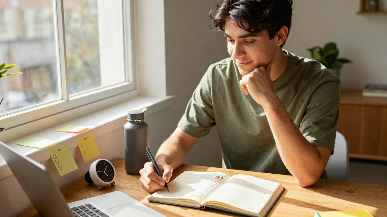 Jovem escrevendo em caderno, sentado à mesa próxima à janela com laptop, garrafa e relógio.