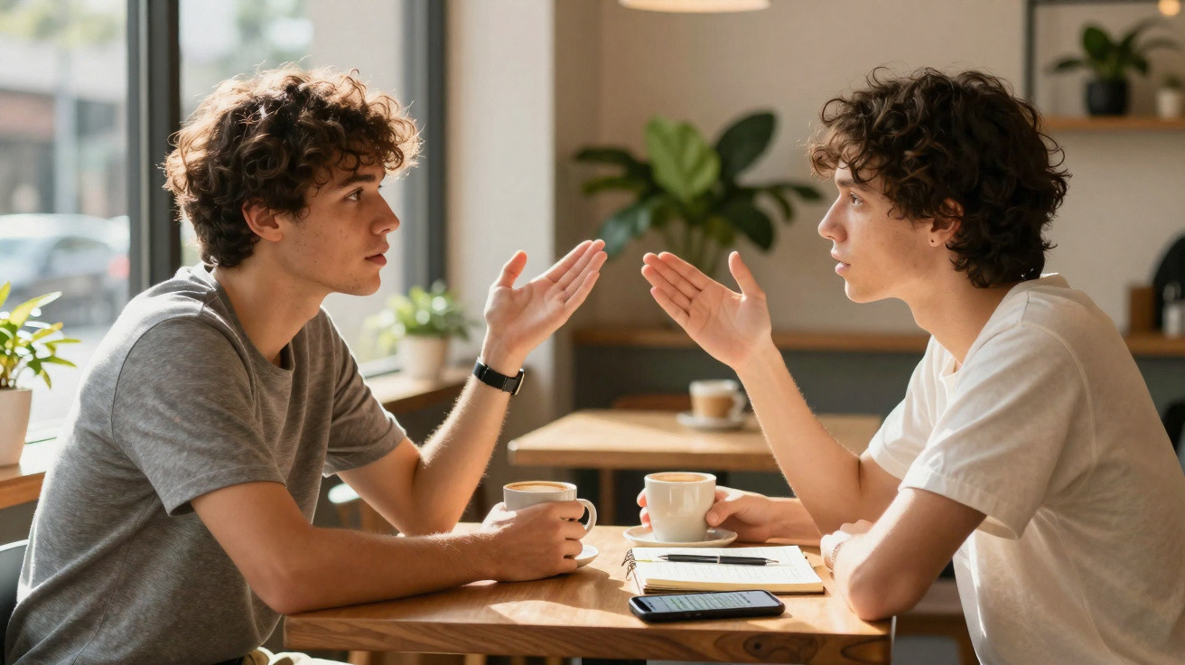 Dois jovens conversando em uma cafeteria, sentados frente a frente com xícaras na mão.