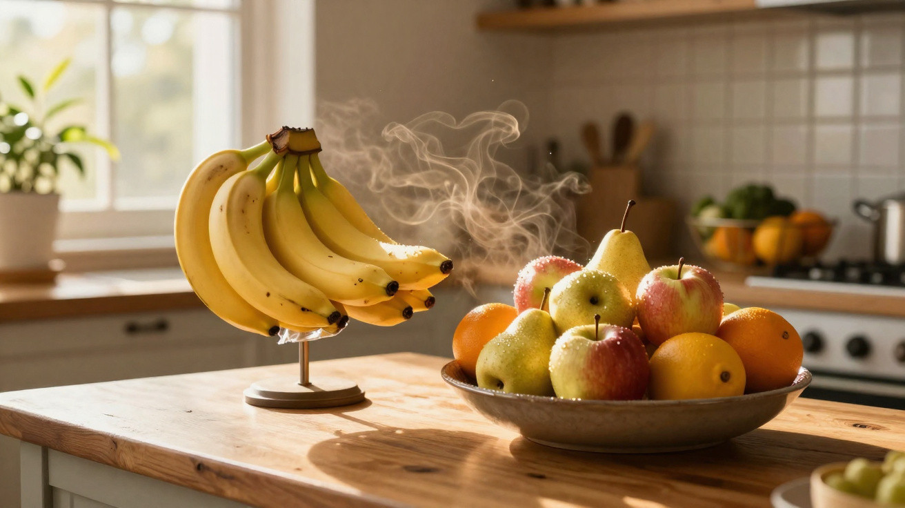 Fruteira com maçãs, peras, laranjas e suporte com bananas em bancada de cozinha iluminada.