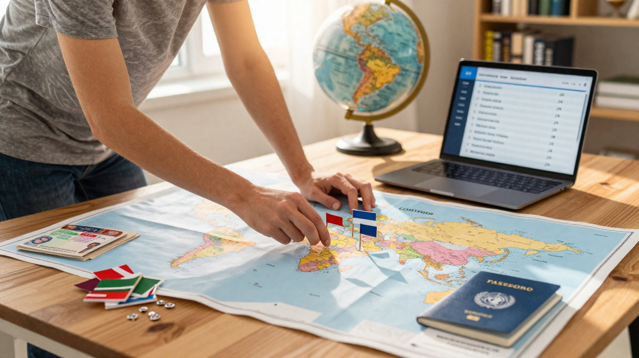 Pessoa posiciona bandeiras em mapa sobre mesa com passaporte, laptop e globo terrestre ao fundo.