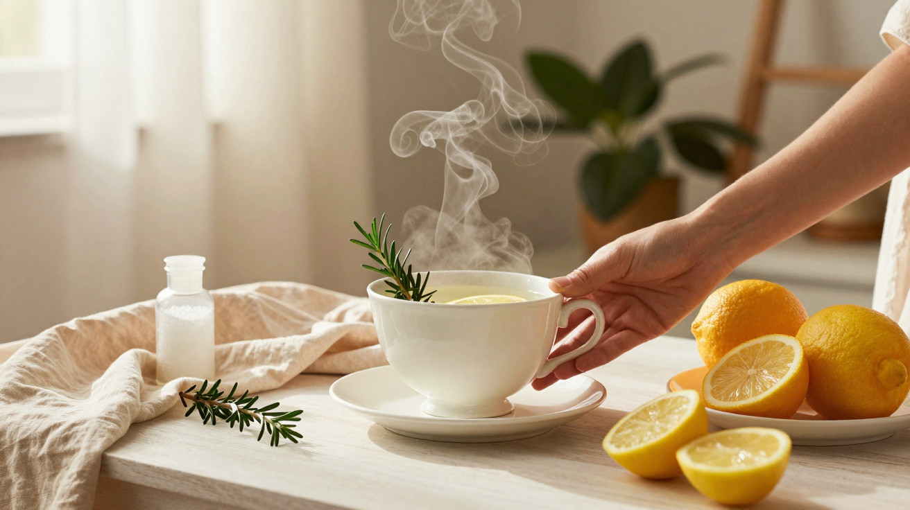 Mão segurando xícara branca com chá quente, limões cortados e ramo de alecrim sobre mesa clara.