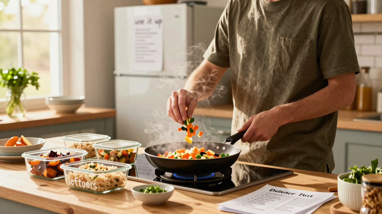 Pessoa cozinhando legumes coloridos em frigideira com vários recipientes de alimentos na bancada da cozinha.