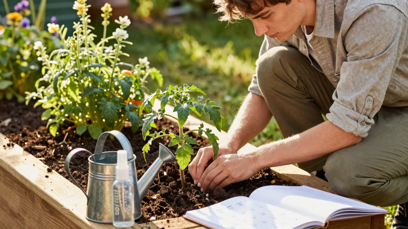 Jovem cuidando de planta em canteiro com regador e livro aberto ao lado em dia ensolarado.