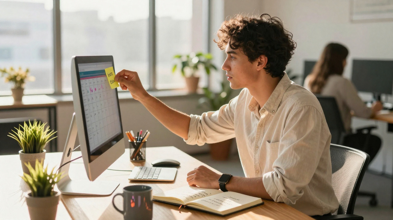 Jovem sentado em mesa de escritório colando lembrete amarelo no monitor de computador.