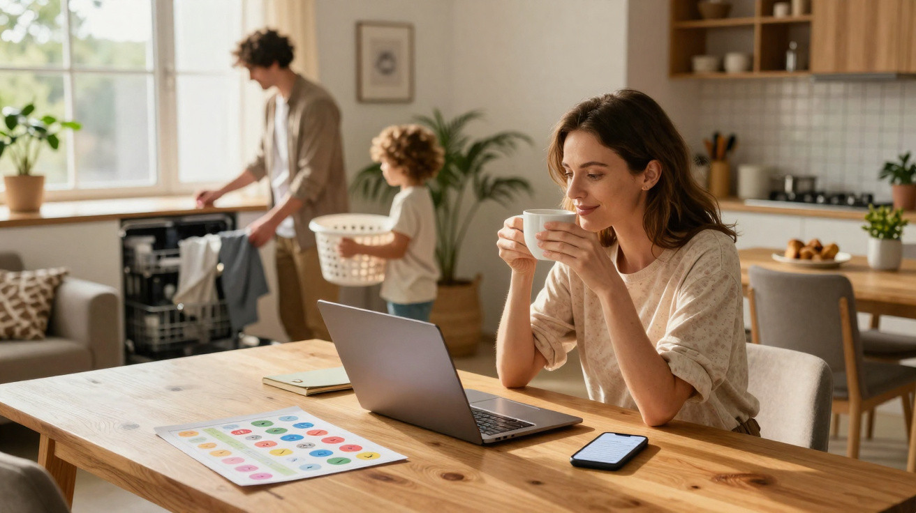 Mulher tomando café e usando laptop enquanto homem e criança organizam roupas na cozinha.