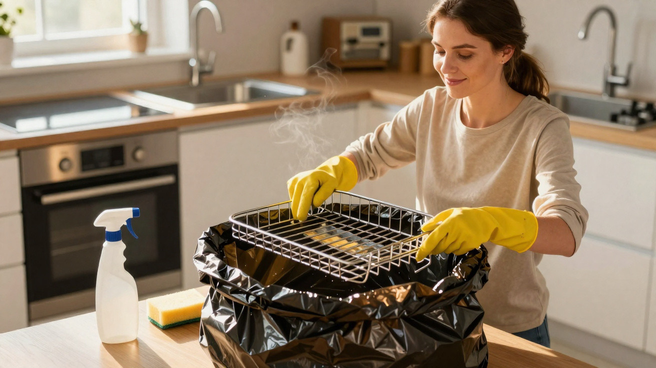 Mulher com luvas amarelas limpando grade de forno na cozinha, com spray e esponja sobre a mesa.