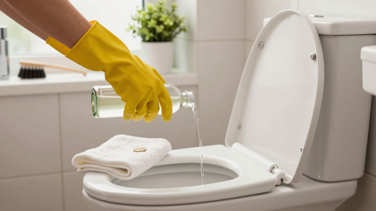 Mãos com luvas amarelas despejando líquido em garrafa sobre vaso sanitário branco aberto em banheiro.