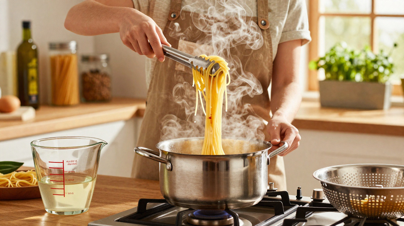 Pessoa cozinhando macarrão em panela no fogão em cozinha iluminada e organizada.