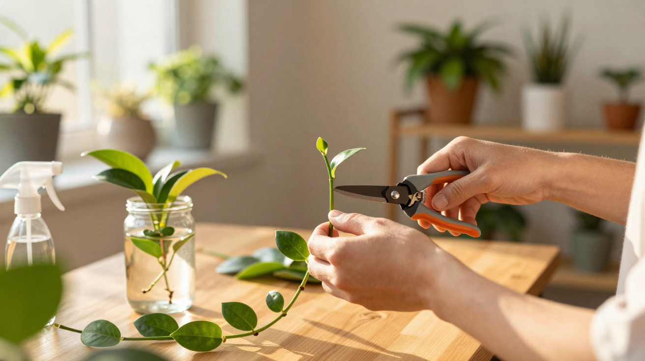 Pessoa podando planta com tesoura de poda em ambiente interno iluminado por luz natural.