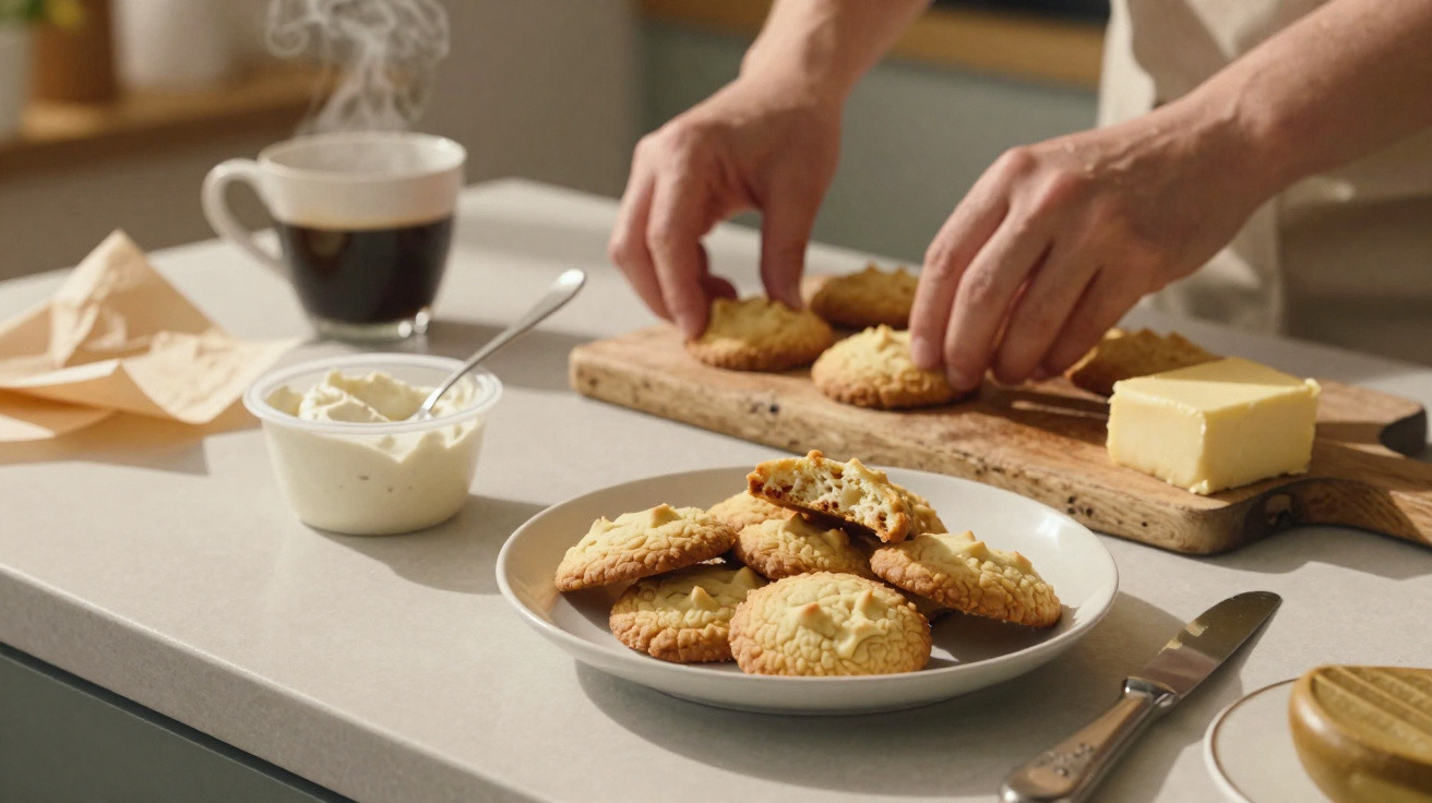 Mãos arrumando biscoitos de amêndoa em tábua, com prato de biscoitos, manteiga e café na bancada.
