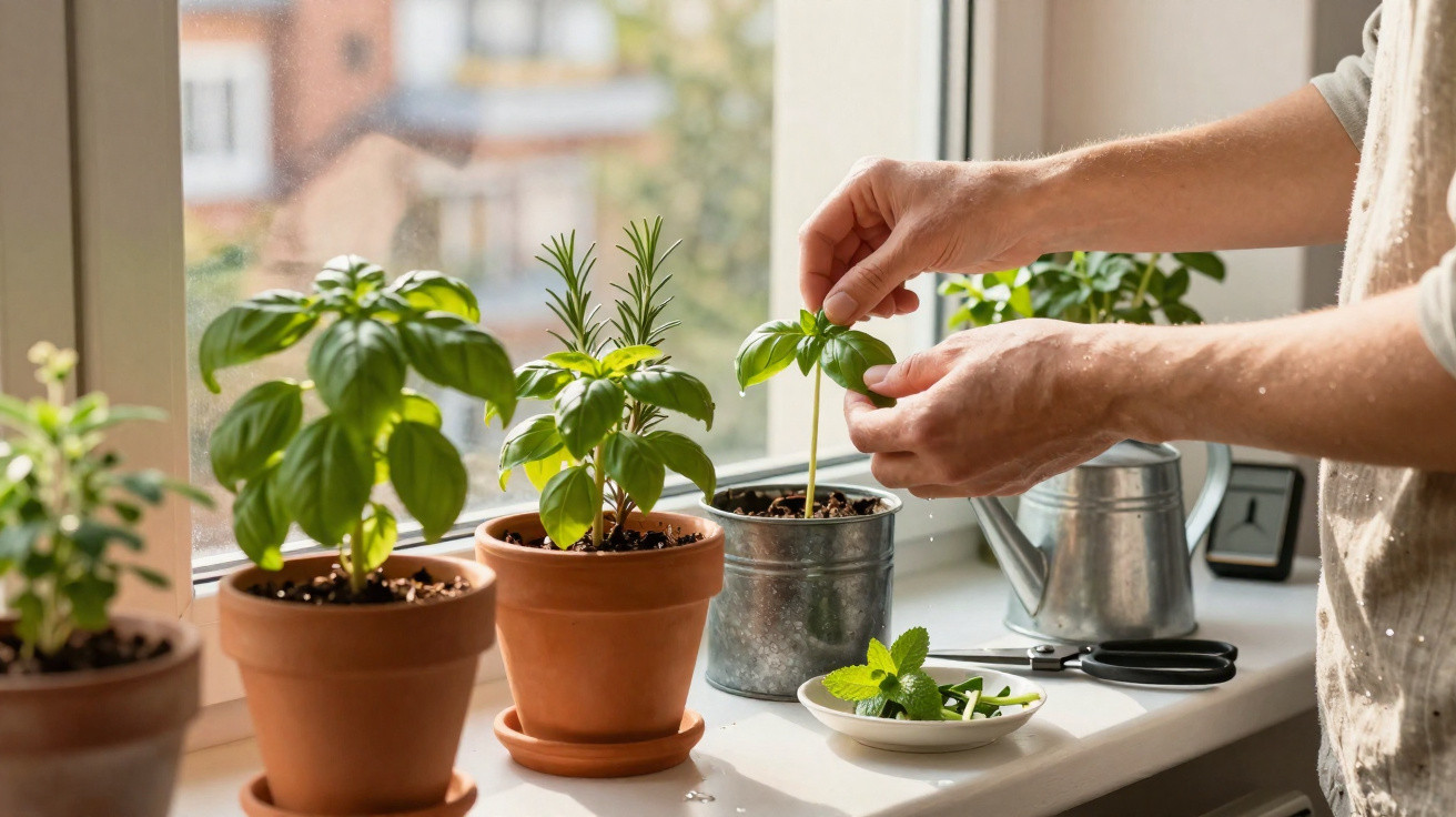 Mãos cuidando de plantas em vasos na janela, com regador e tesoura ao fundo, luz natural entrando.