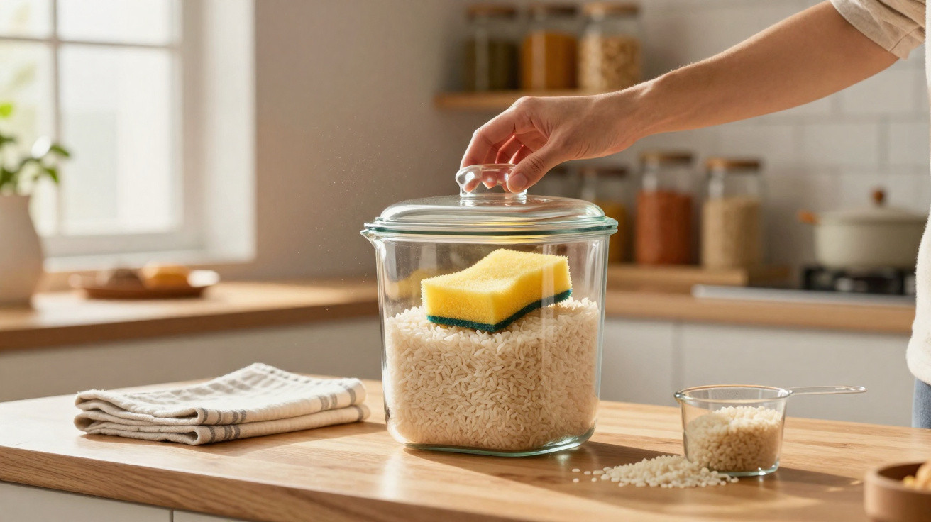 Mão abrindo pote de vidro com arroz e esponja amarela, ao lado de colher medidora com arroz em bancada de cozinha.