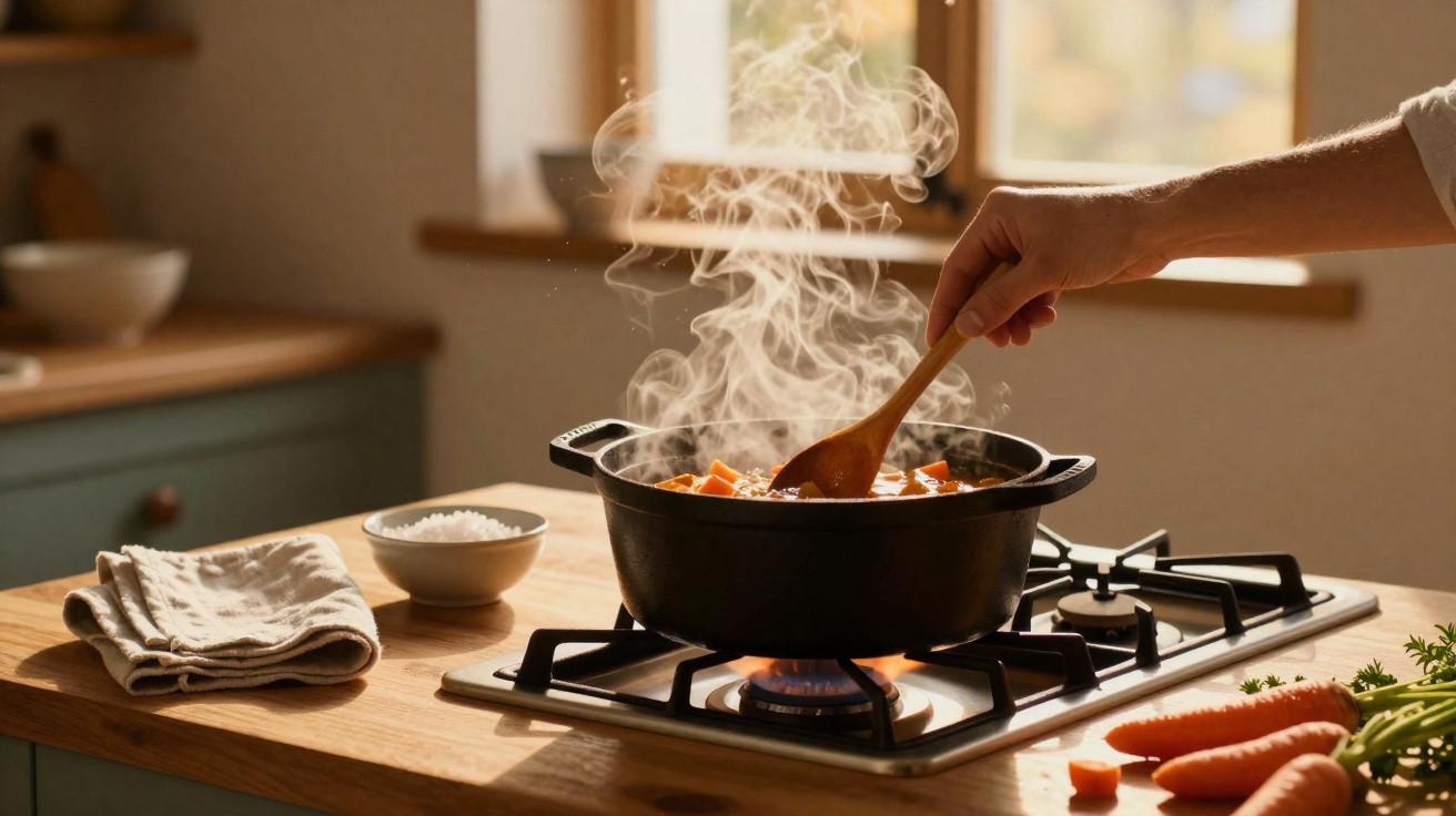 Mão mexendo panela com legumes cozinhando no fogão a gás em cozinha iluminada pela luz natural.