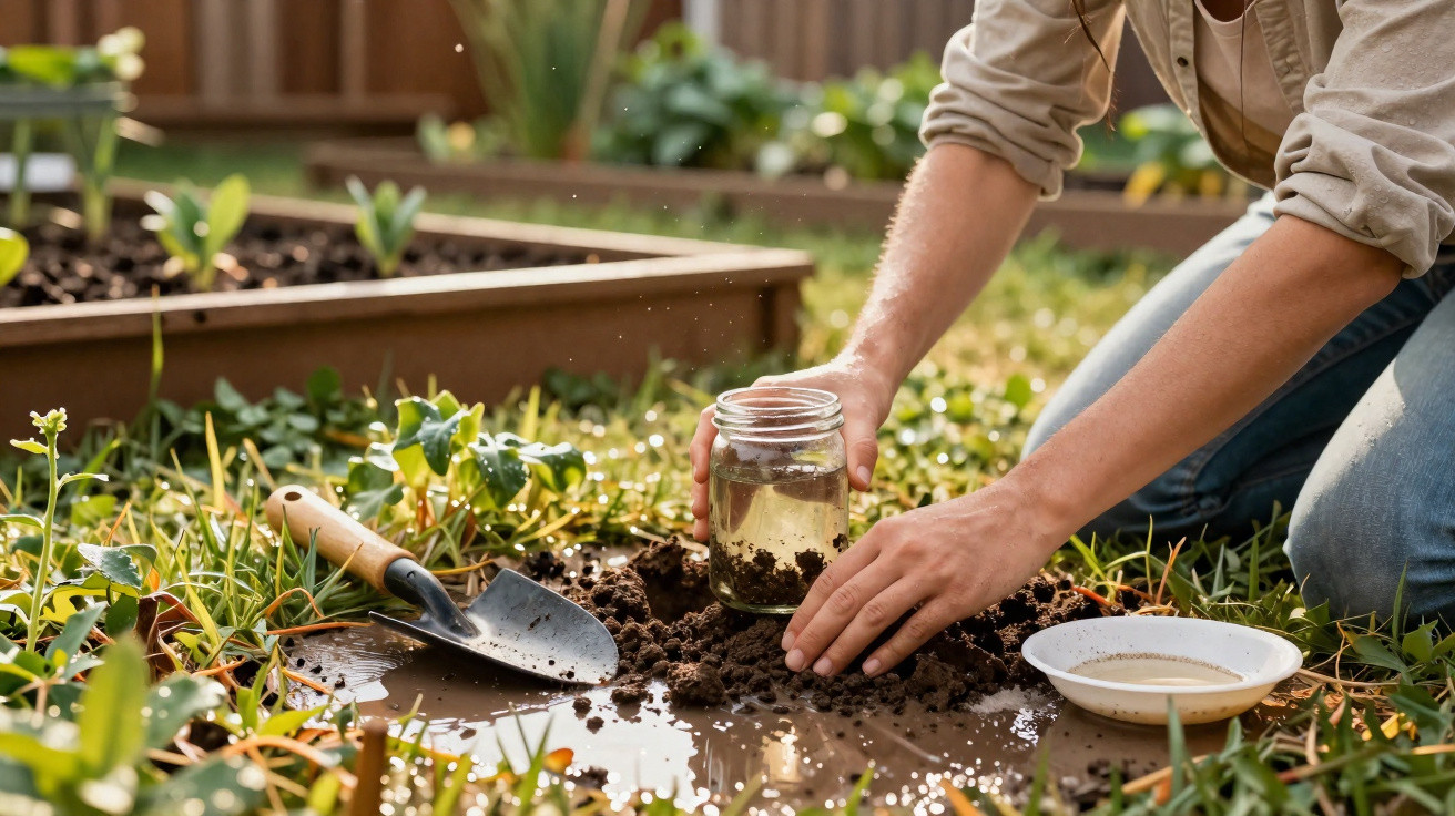 Pessoa cultivando mudas em vaso de vidro no jardim, com pá de mão e solo úmido ao redor.