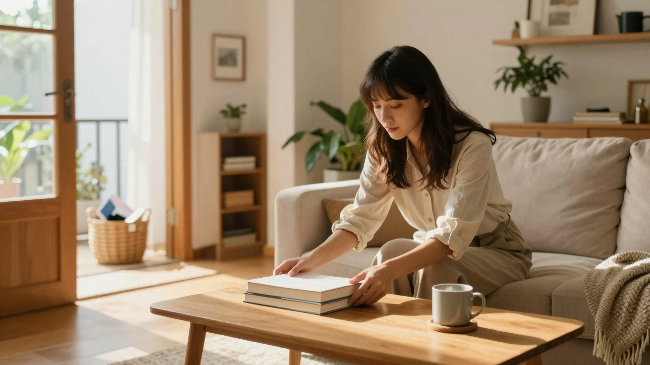 Mulher sentada no sofá organizando livros sobre a mesa de madeira em sala iluminada pela luz natural.