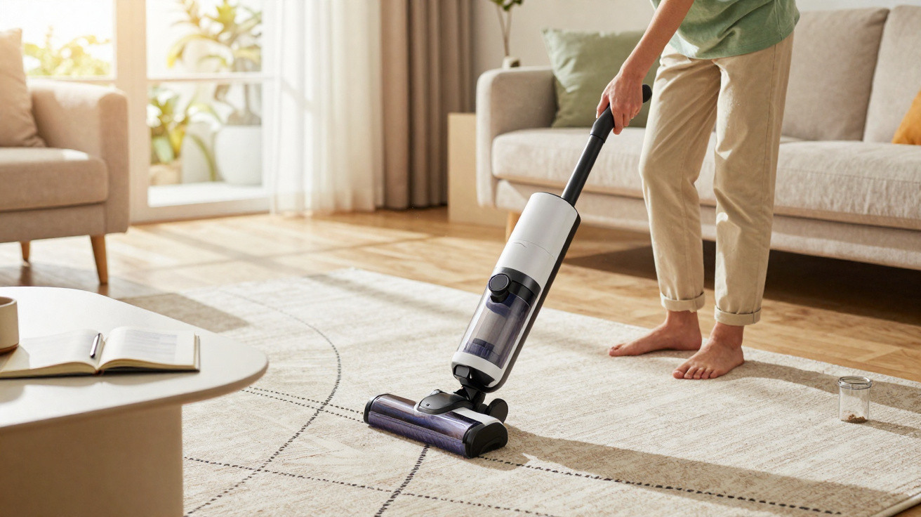 Pessoa usando aspirador sem fio para limpar tapete em sala de estar com sofá e mesa.