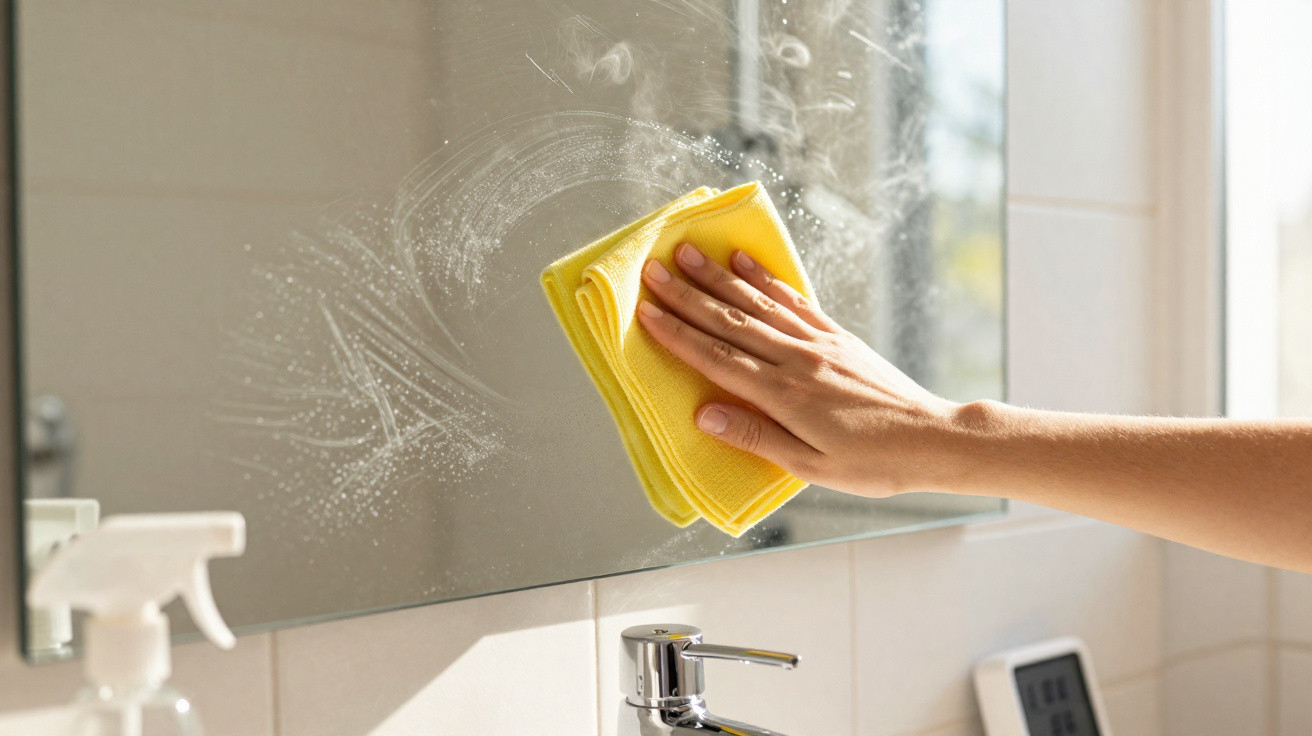 Pessoa limpando espelho de banheiro com pano amarelo, spray de limpeza e pia visíveis.