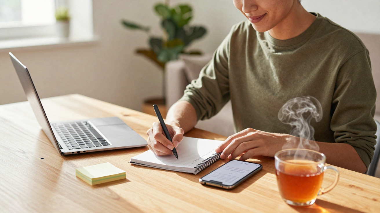Pessoa escrevendo em caderno ao lado de laptop, celular e xícara de chá quente em mesa de madeira.