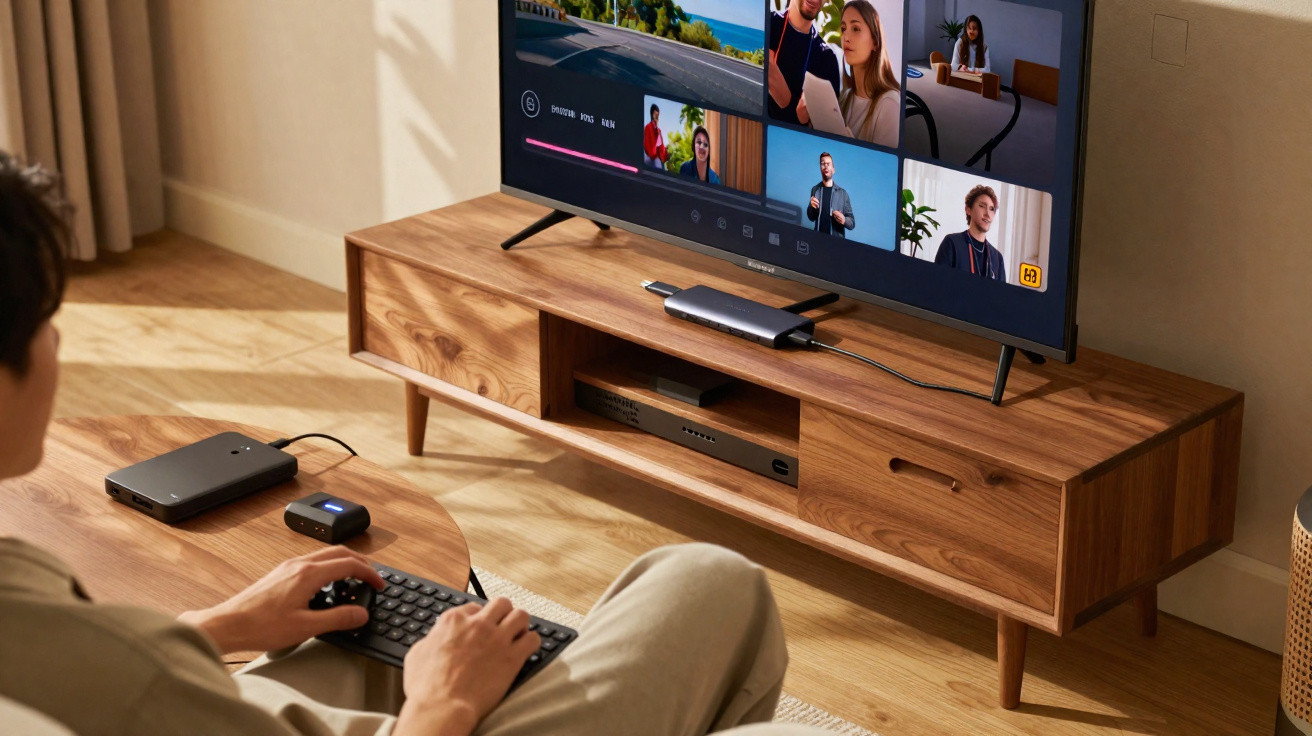 Pessoa usando teclado sem fio conectado a dispositivo portátil assistindo vídeos em TV de madeira.