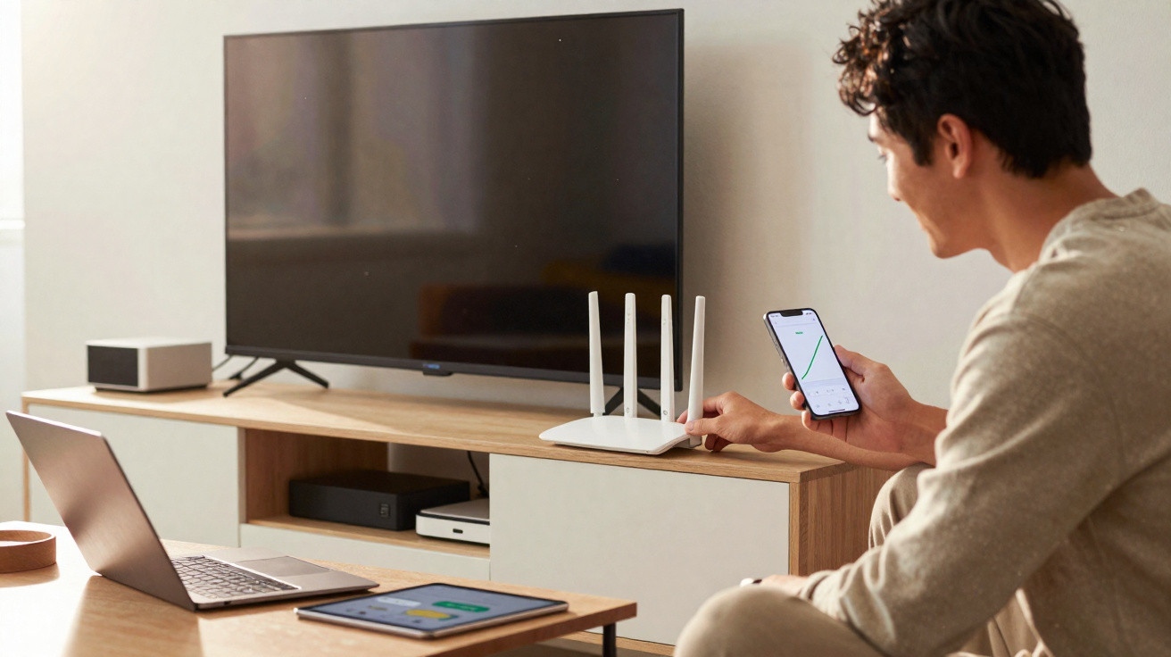 Homem sentado ajustando roteador wifi e segurando celular com gráfico de desempenho, perto de TV e dispositivos eletrônicos.