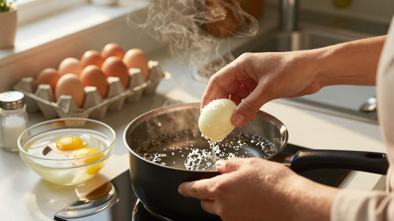Pessoa descascando ovo cozido perto de panela com água fervente e ovos crus em recipiente na cozinha.