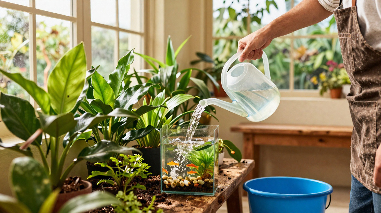 Pessoa regando aquário com plantas aquáticas e peixes em ambiente interno iluminado pela luz natural.