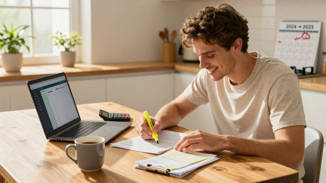 Homem sorrindo escreve com marca-texto em papéis, com laptop, calculadora e café sobre mesa de madeira.