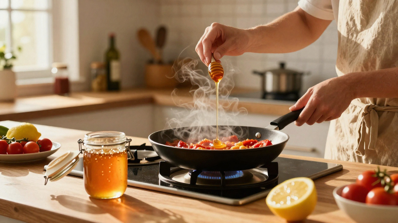 Pessoa adiciona mel em frigideira com legumes cozinhando ao fogo em cozinha iluminada.