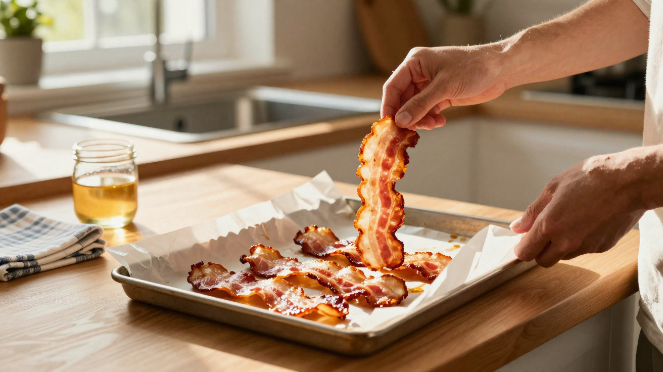 Mãos retirando fatia de bacon crocante de assadeira com várias fatias sobre papel manteiga.