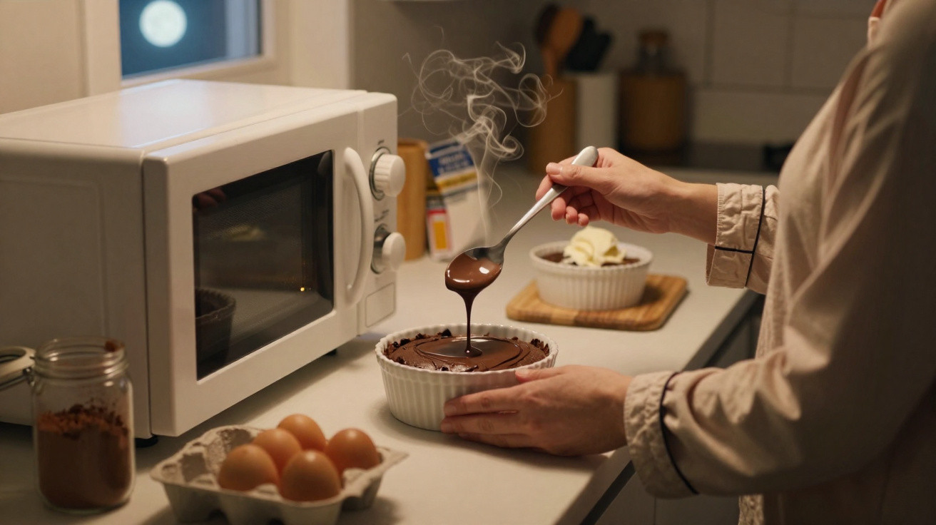 Pessoa mexendo chocolate quente em tigela branca na cozinha perto de micro-ondas e ovos na bancada.