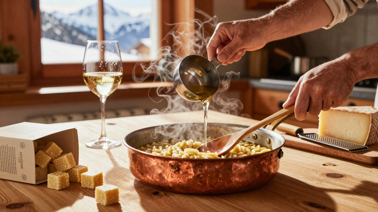 Mãos regando molho em panela com massa, cubos de queijo e taça de vinho em mesa de madeira na cozinha.