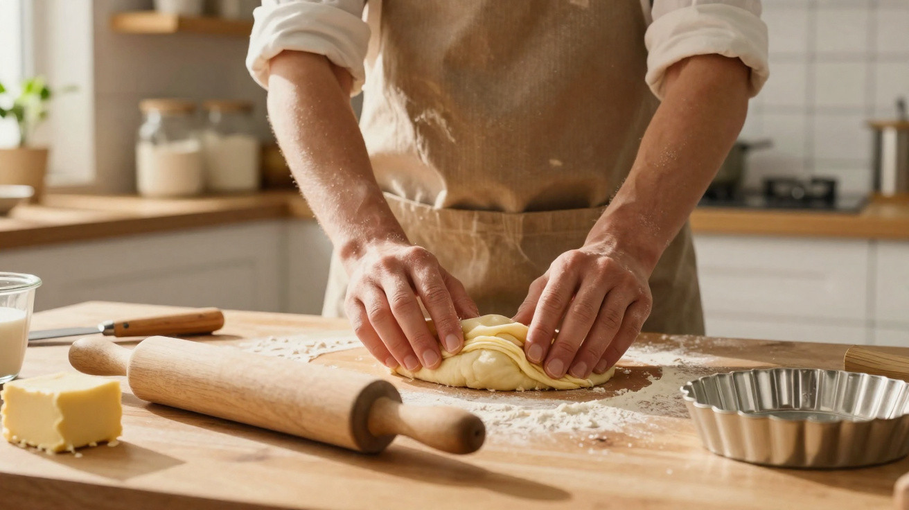 Pessoa com avental amassando massa de pão em superfície de madeira com rolo de massa e ingredientes ao redor.