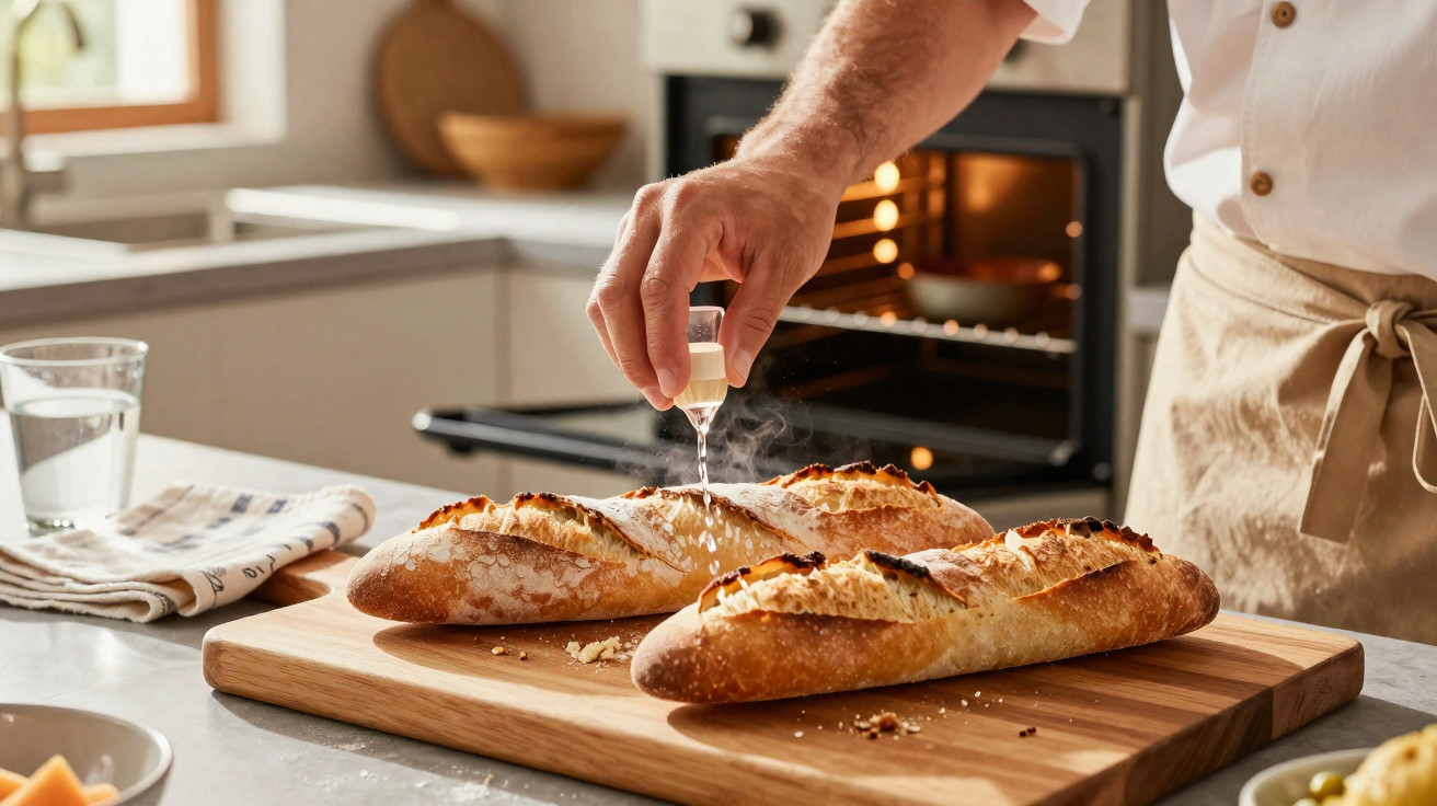 Pessoa borrifando líquido em duas baguetes frescas sobre tábua de madeira na cozinha.