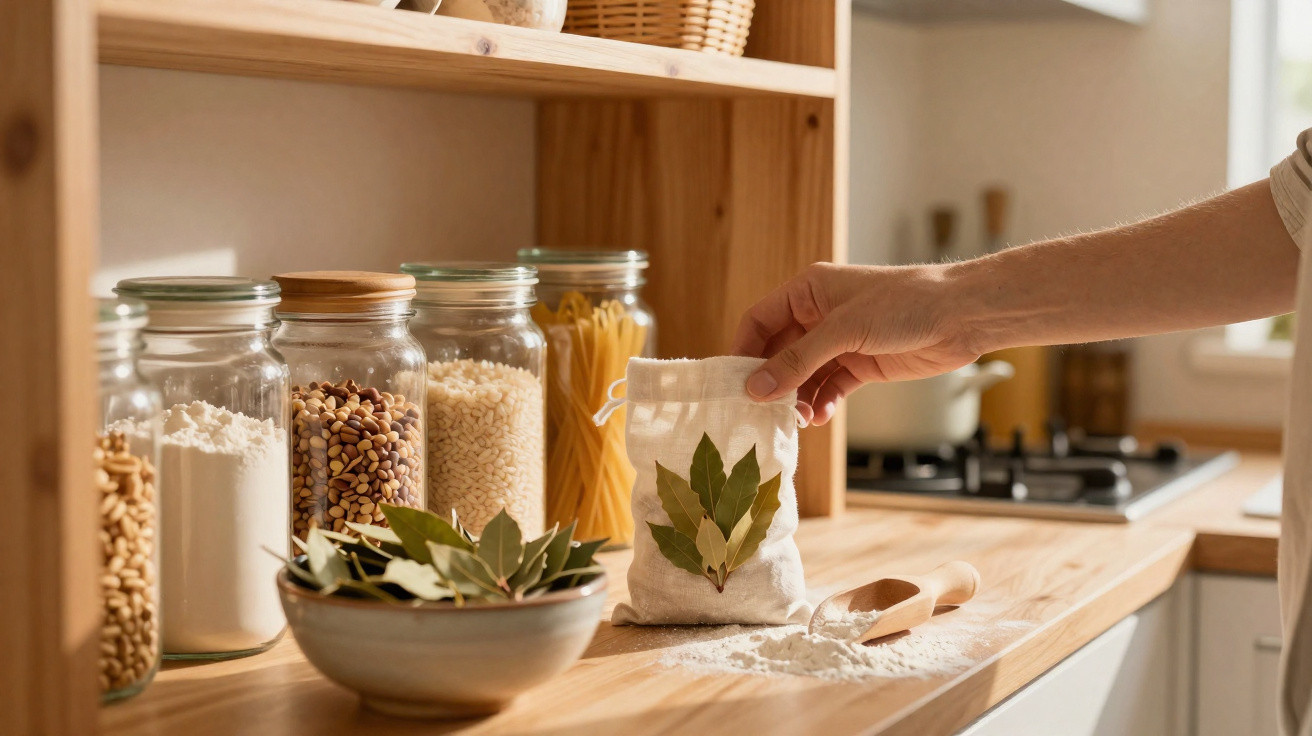 Mão segurando saquinho com folhas de louro em cozinha com potes de vidro e farinha sobre bancada de madeira.
