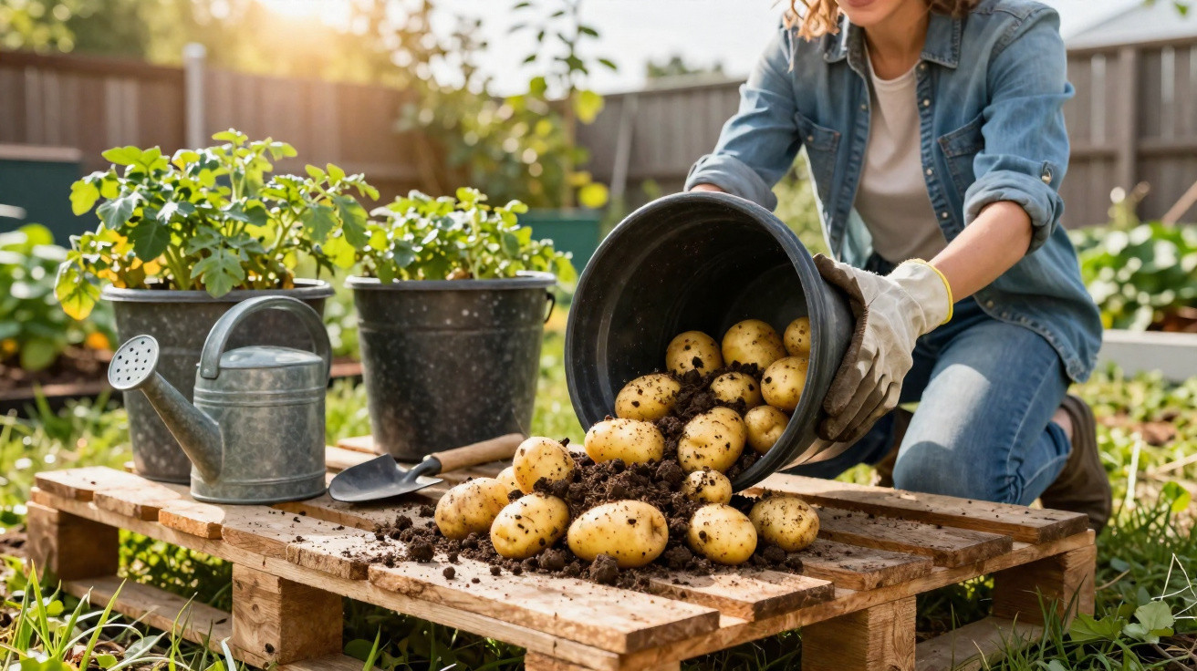 Pessoa colhendo batatas com luvas, vasos com plantas e regador sobre pallet de madeira no jardim.