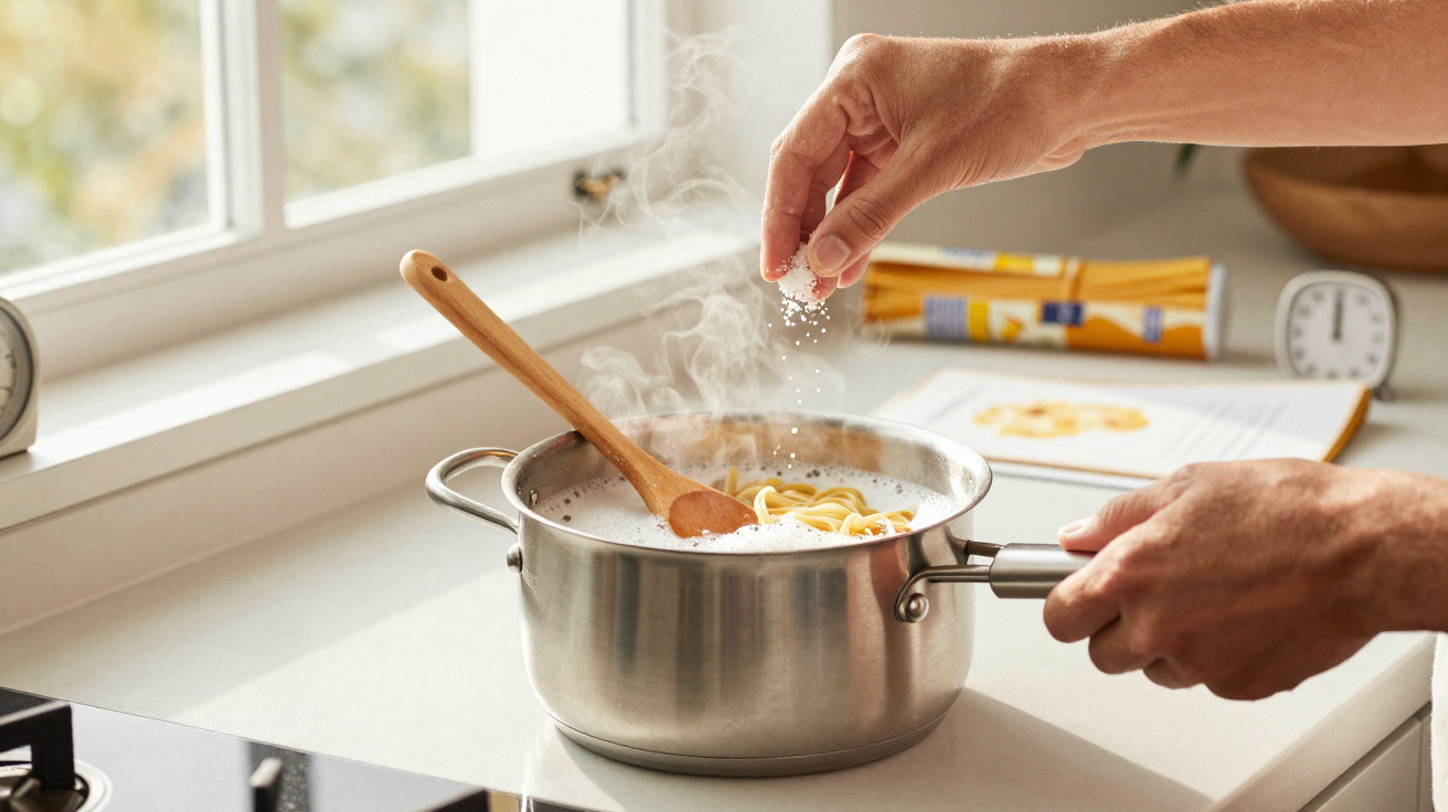 Mãos adicionando sal em panela com macarrão cozinhando em cozinha iluminada pela janela.