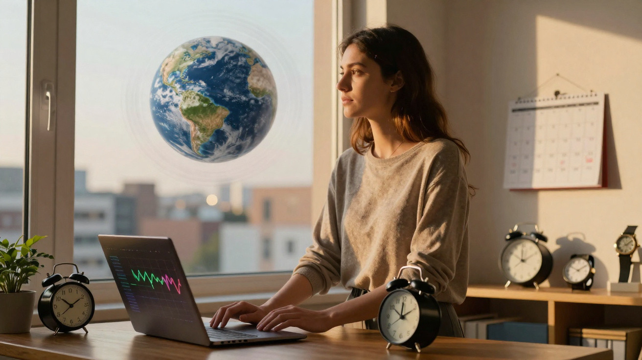Mulher trabalhando no laptop em escritório com vários relógios e imagem flutuante do planeta Terra ao fundo.