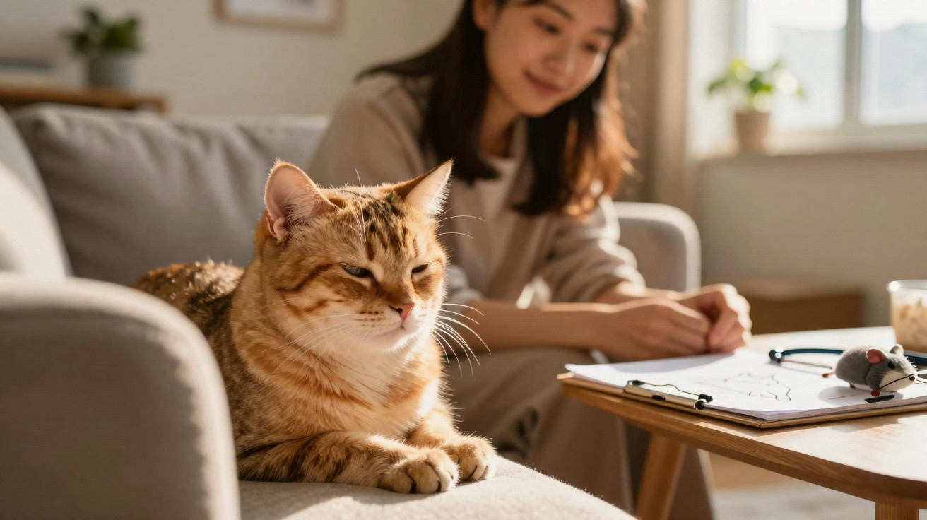 Gato laranja deitado no sofá com mulher desenhando em mesa de madeira ao fundo em ambiente iluminado.