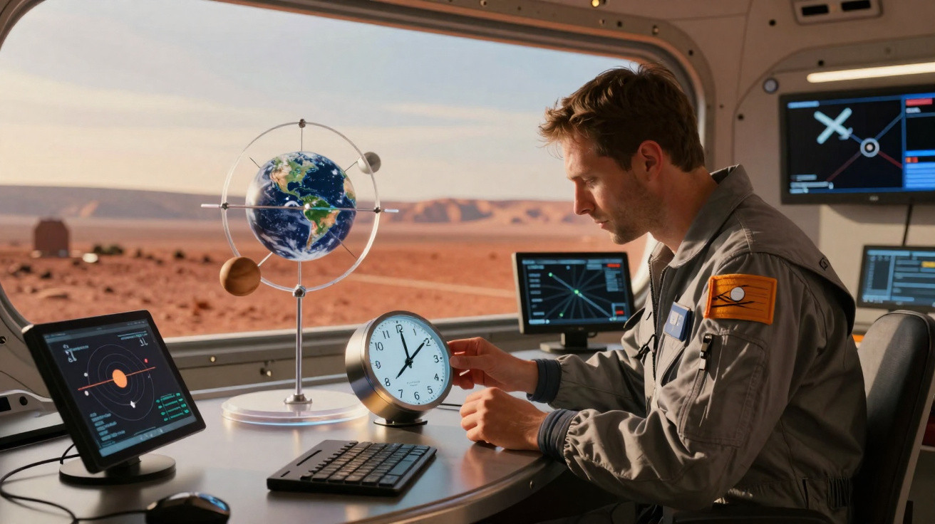 Homem em traje espacial ajusta relógio em uma estação com vista para terreno desértico e modelos do sistema solar.