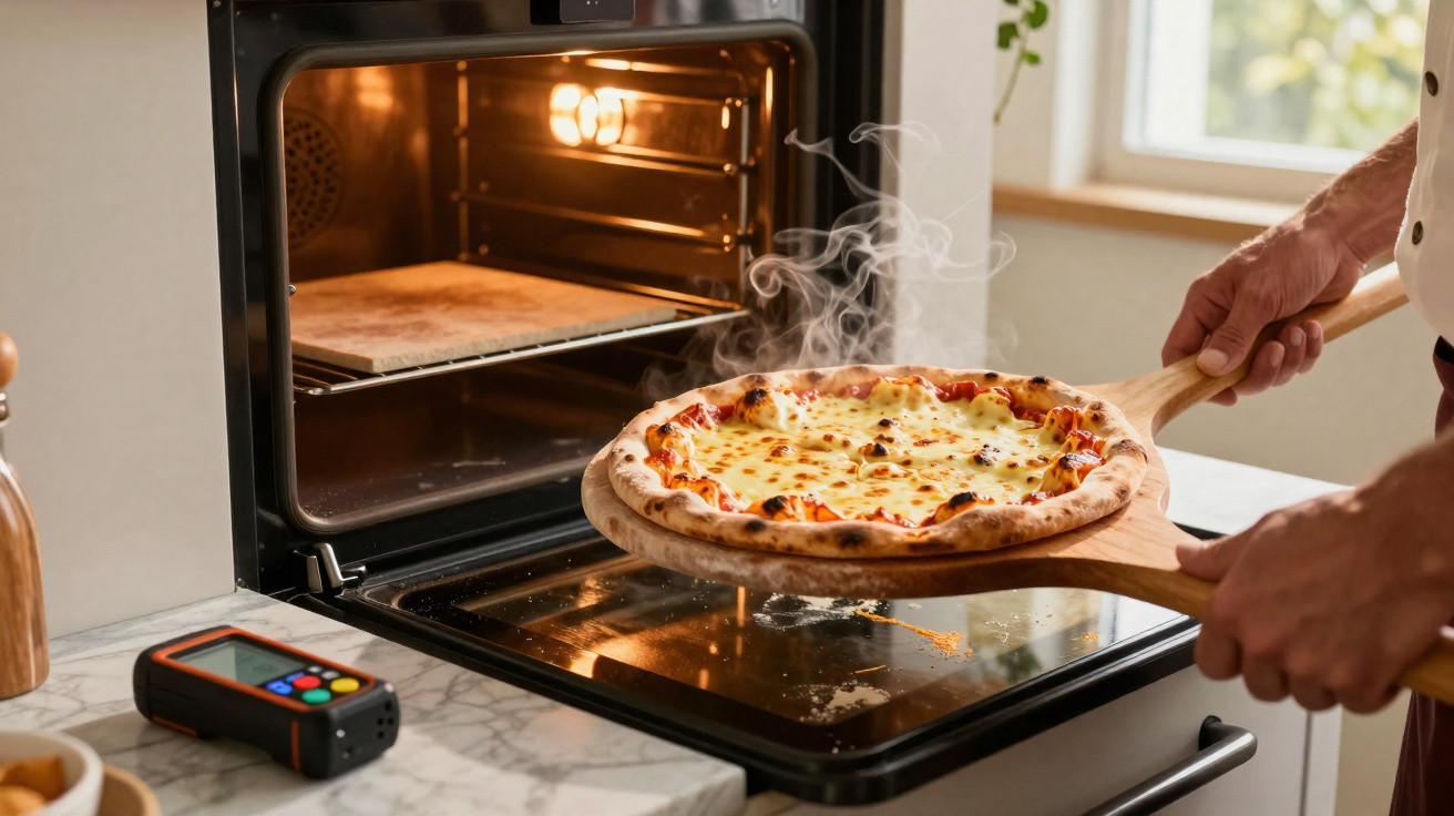 Pessoa retirando pizza quente e fumegante de forno elétrico moderno em cozinha iluminada e balcão de mármore.