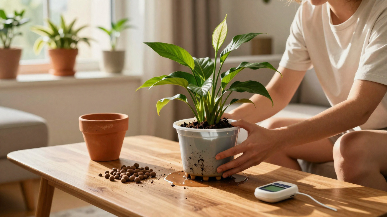 Pessoa transplantando planta em vaso na mesa de madeira com outros vasos e dispositivo de medição ao lado.