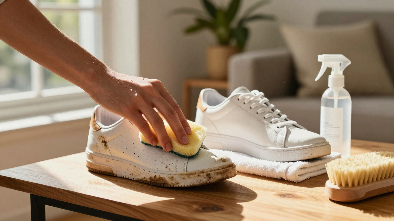 Pessoa limpando tênis branco sujo com esponja sobre mesa de madeira com produtos de limpeza.